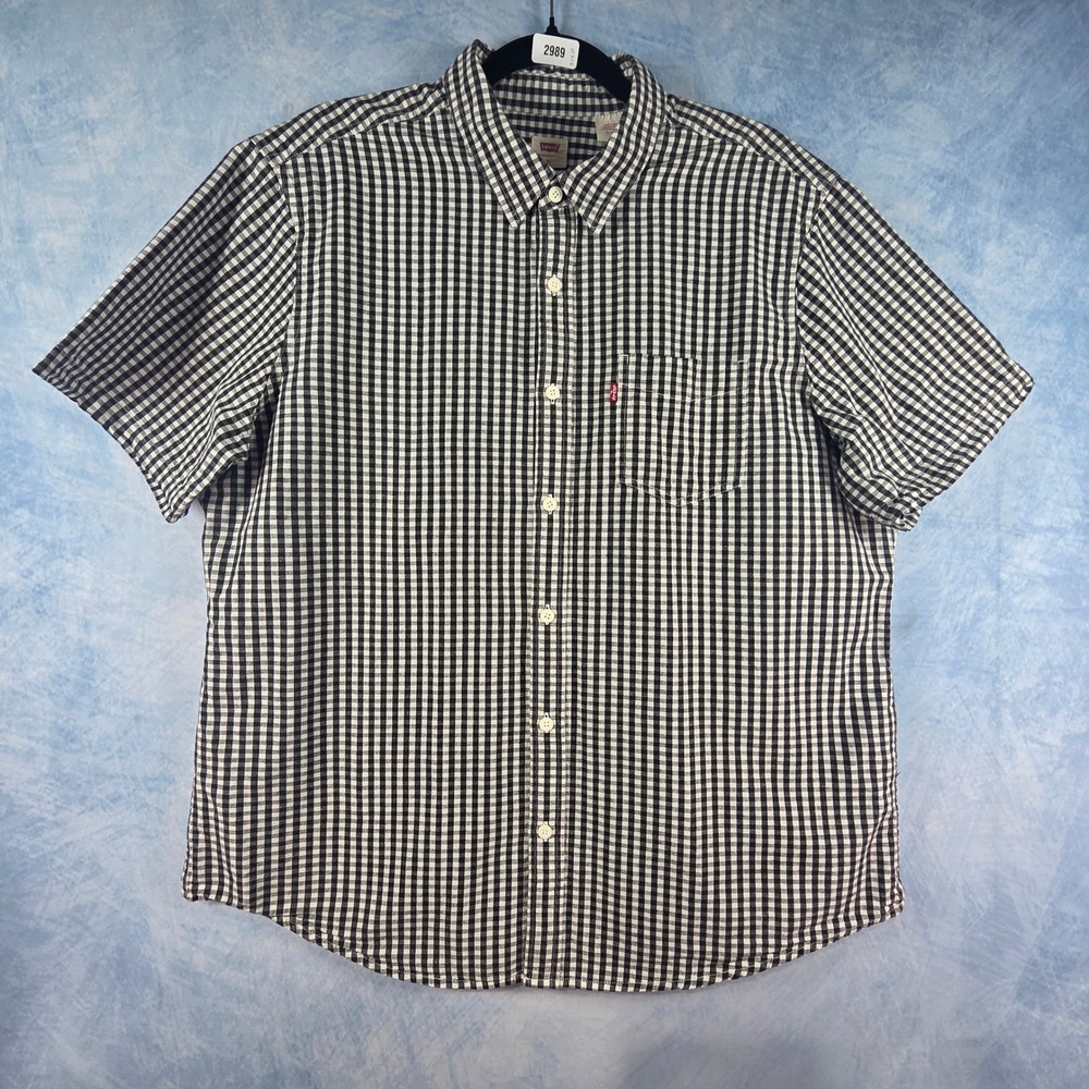 Levis Mens XL Gingham Button Down Shirt Black White Cotton Hemp Short Sleeve